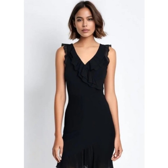 WHITE HOUSE BLACK MARKET BLACK RUFFLE FAUX WRAP DRAPED DRESS SIZE 14 - Picture 1 of 12